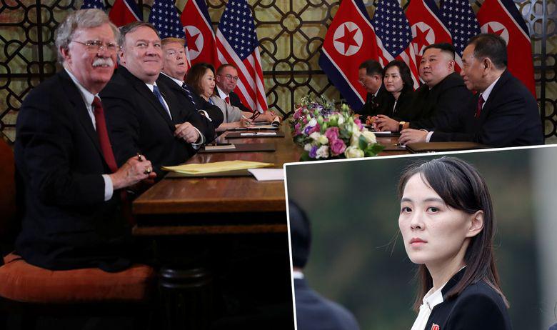 Donald Trump s delegacijom (lijevo), Kim Jong-un s delegacijom (desno) na summitu u Hanoiju, Kimova sestra Kim Yo Jong (dolje desno)