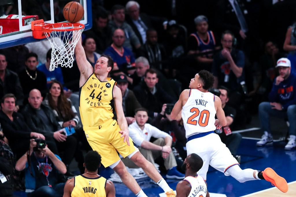NEW YORK, USA - JANUARY 11: Bojan Bogdanovic (44) of Indiana Pacers in action against Kevin Knox of New York Knicks during the NBA match between Indiana Pacers and New York Knicks at Madison Square Garden in New York, United States on January 11, 2019. Atilgan Ozdil/Anadolu Agency