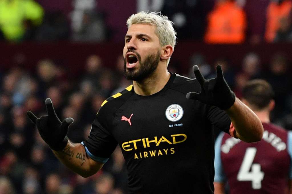 Manchester City&amp;#39;s Argentinian striker Sergio Aguero celebrates scoring the fifth goal during the English Premier League football match between Aston Villa and Manchester City at Villa Park in Birmingham, central England on January 12, 2020. (Photo by Paul ELLIS/AFP)/RESTRICTED TO EDITORIAL USE. No use with unauthorized audio, video, data, fixture lists, club/league logos or &amp;#39;live&amp;#39; services. Online in-match use limited to 120 images. An additional 40 images may be used in extra time. No video emulation. Social media in-match use limited to 120 images. An additional 40 images may be used in extra time. No use in betting publications, games or single club/league/player publications./
