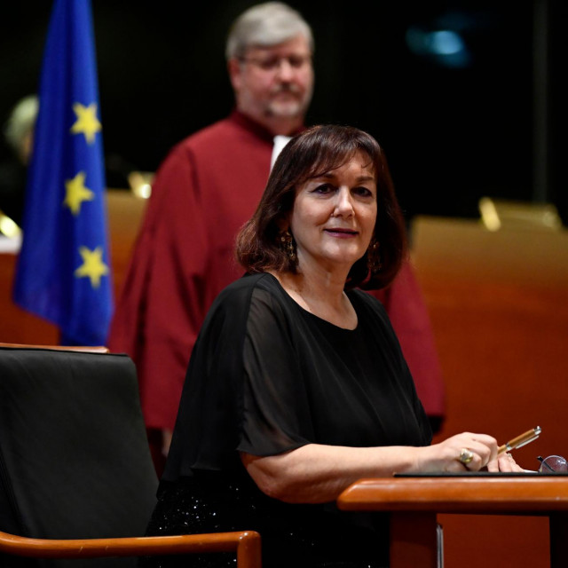 Vice President of Democracy and Demography Dubravka Suica takes the oath of office, on January 13, 2020, at the Court of Justice of the European Union in Luxembourg. (Photo by JOHN THYS/AFP)