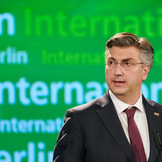 Croatian Prime Minister Andrej Plenkovic speaks at the Gruene Woche (Green Week) international agriculture fair in Berlin on January 16, 2020. (Photo by Annette Riedl/dpa/AFP)/Germany OUT