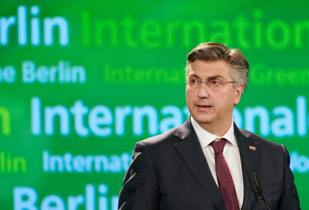 Croatian Prime Minister Andrej Plenkovic speaks at the Gruene Woche (Green Week) international agriculture fair in Berlin on January 16, 2020. (Photo by Annette Riedl/dpa/AFP)/Germany OUT