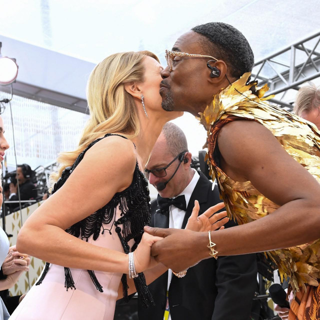 US actress Laura Dern (L) greets US actor Billy Porter as she arrives for the 92nd Oscars at the Dolby Theatre in Hollywood, California on February 9, 2020. (Photo by VALERIE MACON/AFP)
