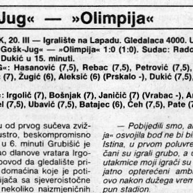 20. ožujka 1988., 20. kolo Druge savezne lige - zapad: GOŠK Jug - Olimpija 1:0