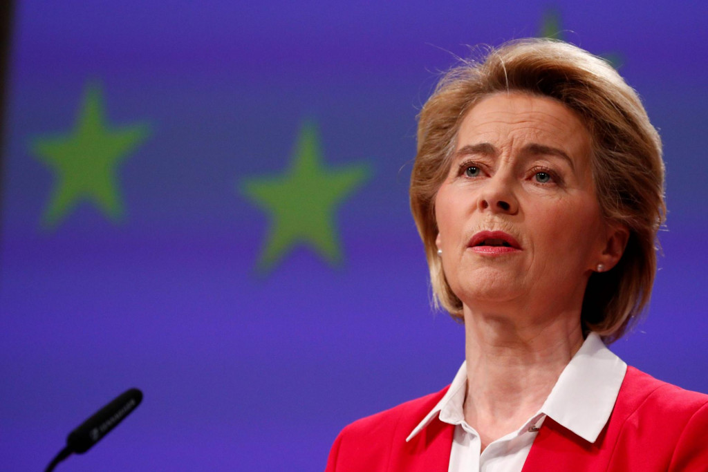 European Commission President Ursula von der Leyen gives a press conference on EU efforts to limit economic impact of the coronavirus disease (COVID-19) outbreak, in Brussels, on April 2, 2020. (Photo by FRANCOIS LENOIR/POOL/AFP)