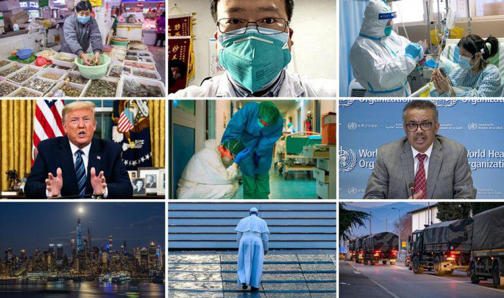 Pamtljivi prizori tijekom globalne pandemije koronavirusa, na slici Li Wenliang (gore u sredini), Donald Trump (lijevo), Tedros Adhanom Ghebreyesus (desno) i papa Franjo (dolje)