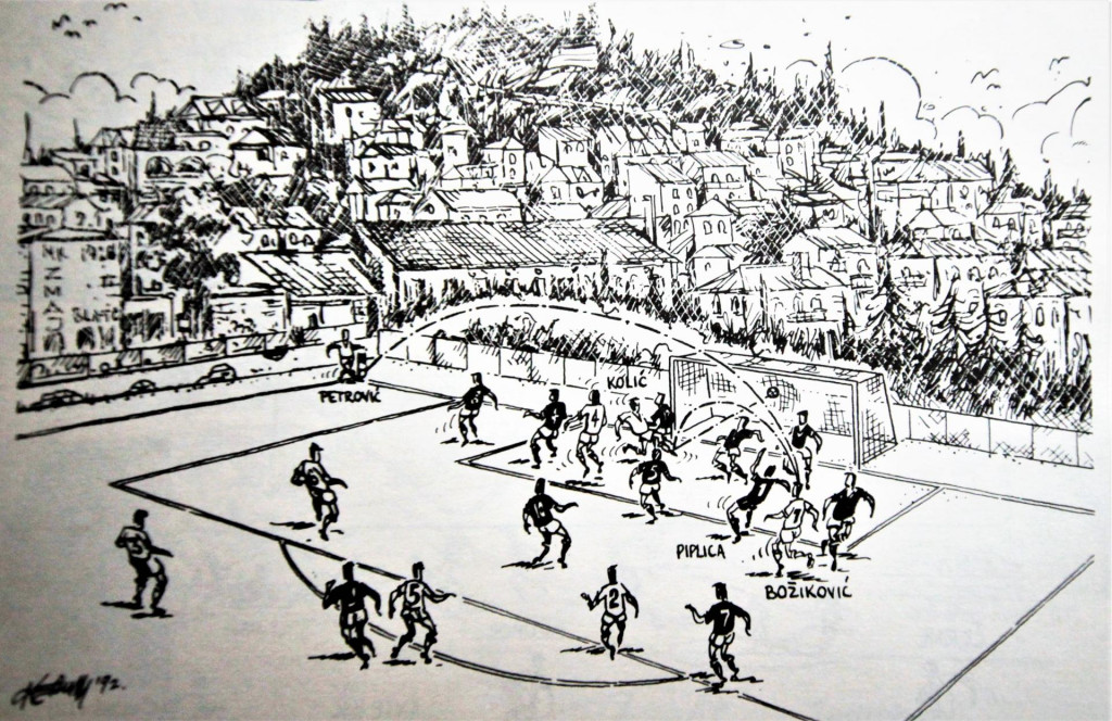 Prvi povijesni prvoligaški pogodak Dubrovnika ilustrirao je poznati hrvatski karikaturist iz Splita Tonči Kerum (1953.-2002.)