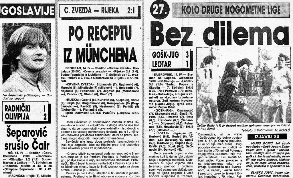 Zadnji prvenstveni ogled GOŠK Juga i Leotara odigran je u 27. kolu Druge savezne lige u nedjelju, 14. travnja 1991. godine na Lapadu. GOŠK Jug je slavio s 3:1