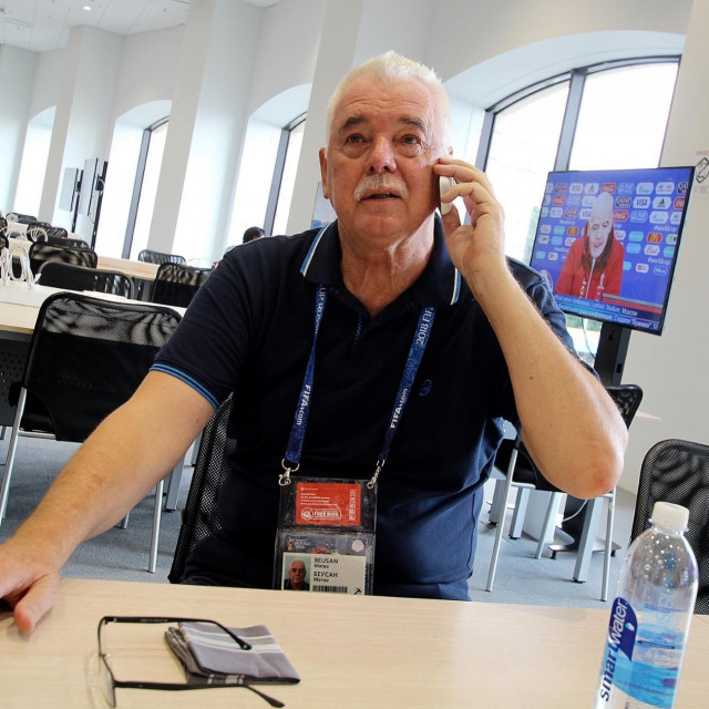 Mateo Beusan u press centru Svjetskog nogometnog prvenstva 2018. u Moskvi uoči finala Francuska - Hrvatska foto: Tonči Vlašić
