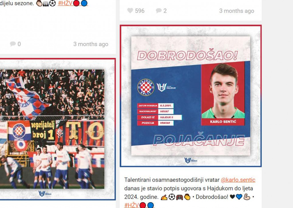 Hajduk živi vječno - vijest na instagramu nakon što je Karlo Sentić potpisao profesionalni ugovor sa splitskim Hajdukom