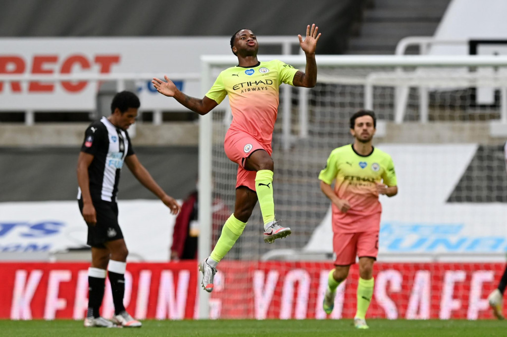 Manchester City&amp;#39;s English midfielder Raheem Sterling (C) celebrates scoring his team&amp;#39;s second goal during the English FA Cup quarter-final football match between Newcastle United and Manchester City at St James&amp;#39; Park in Newcastle-upon-Tyne, north east England on June 28, 2020. (Photo by Shaun Botterill/POOL/AFP)/RESTRICTED TO EDITORIAL USE. No use with unauthorized audio, video, data, fixture lists, club/league logos or &amp;#39;live&amp;#39; services. Online in-match use limited to 120 images. An additional 40 images may be used in extra time. No video emulation. Social media in-match use limited to 120 images. An additional 40 images may be used in extra time. No use in betting publications, games or single club/league/player publications./