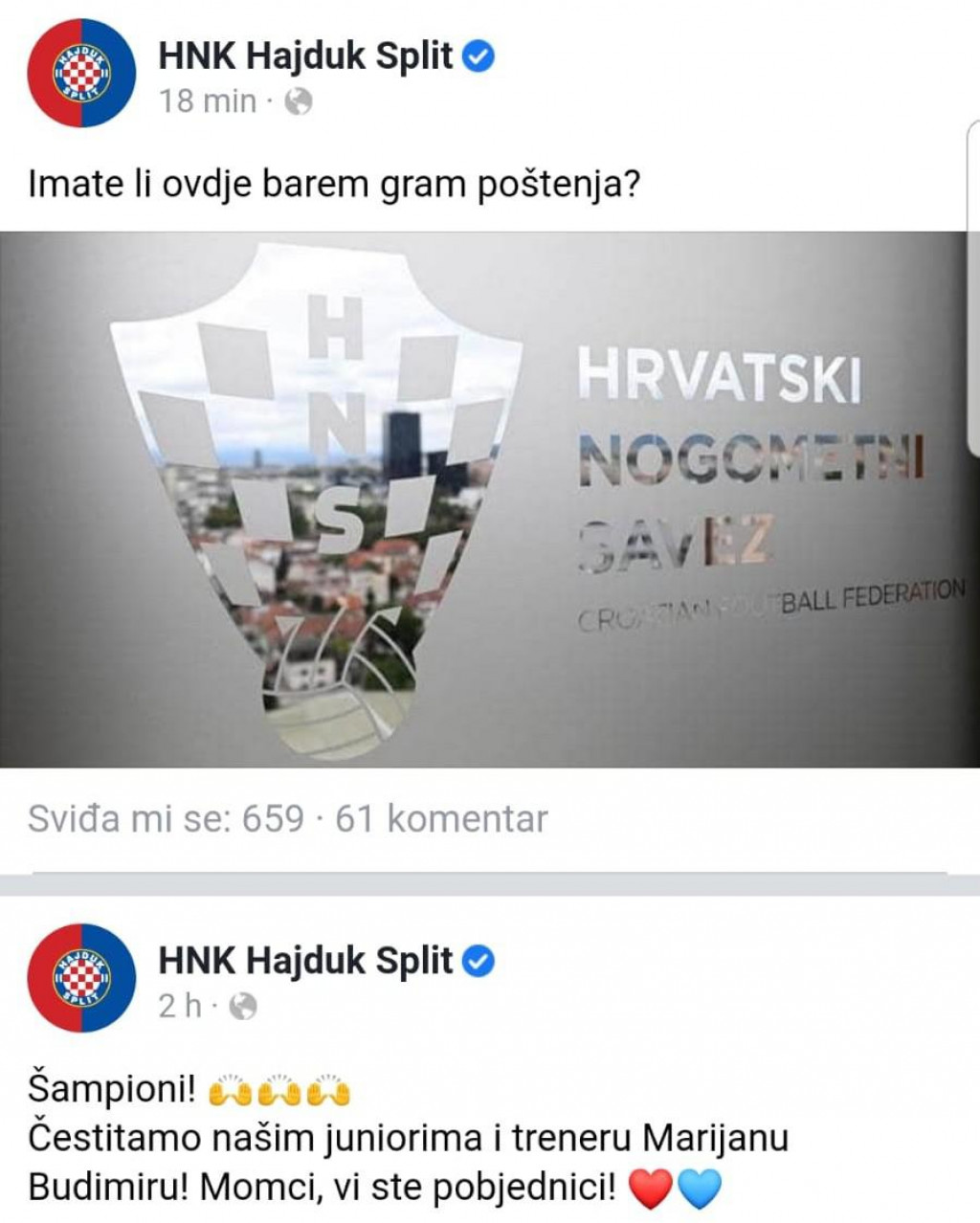Hajduk je preko društvenih mreža zatražio pravdu za svoju juniorsku momčad pogođenu odlukom HNS-a