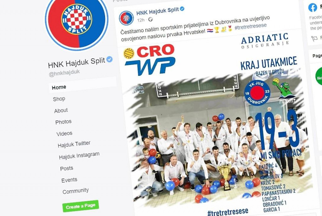 Čestitka Hrvatskog nogometnog kluba Hajduk sportskom prijatelju Vaterpolskom klubu Jug Adriatic osiguranje na osvojenom naslovu prvaka Hrvatske
