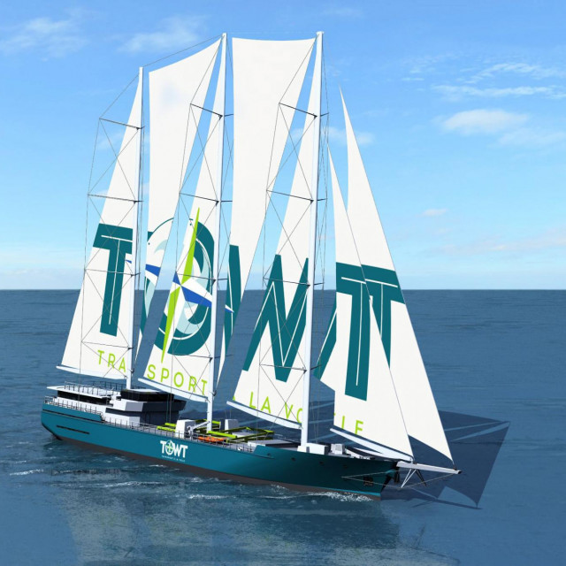 This handout document released on July 16, 2020 by the TOWT maritime transport company and the H&amp;T naval architecture firm shows a 3D view of a prototype sailing cargo ship. - The sailing goods transport company TOWT announced on July 16, 2020 the launch of a European call for tenders for the construction by 2024 of four 70-metre sailing cargo ships. Five shipyards, two in Spain, one in Portugal, one in the Netherlands, but also one in the Finistere departement, have been pre-selected within the framework of this call for tenders. (Photo by Handout/TOWT and the H&amp;T naval architecture/AFP)/RESTRICTED TO EDITORIAL USE - MANDATORY CREDIT ”AFP PHOTO/TOWT/H&amp;T naval architecture firm ” - NO MARKETING - NO ADVERTISING CAMPAIGNS - DISTRIBUTED AS A SERVICE TO CLIENTS