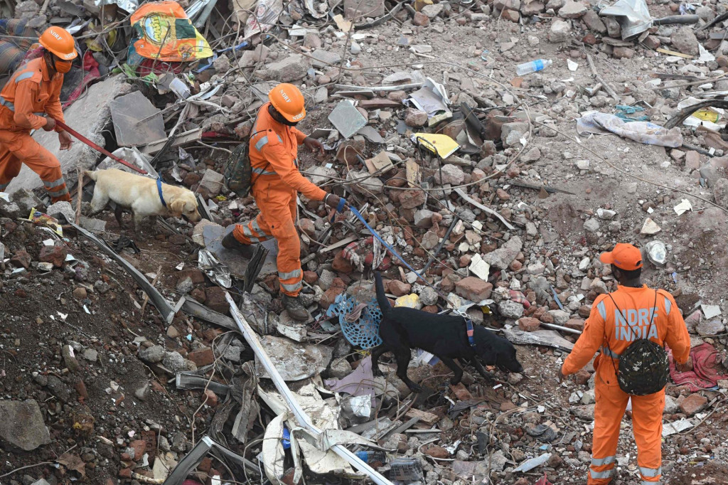 Spasilačke službe sa psima pretražuju ruševine zgrade nedaleko od Mumbaija u Indiji