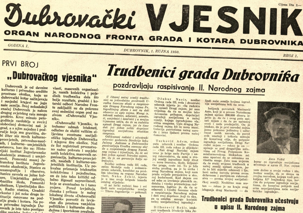 Naslovnica prvog broja Dubrovačkog vjesnika koja je ugledala svjetlo dana 1. rujna 1950.