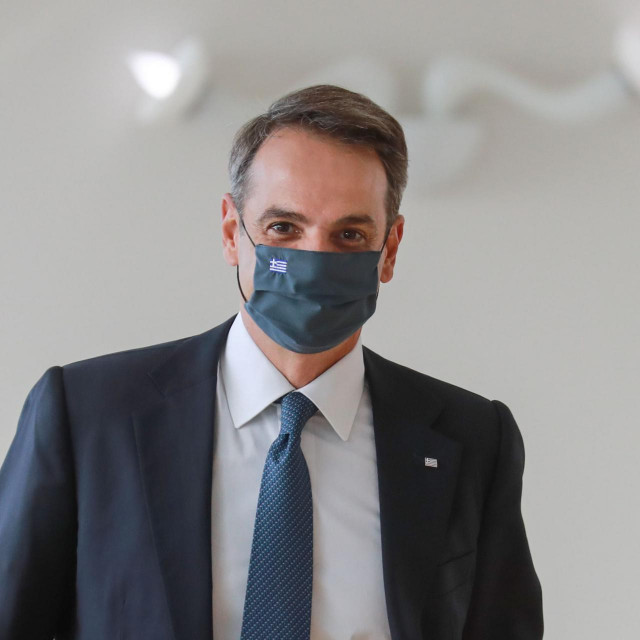 Greek Prime Minister Kyriakos Mitsotakis arrives for a meeting with French President on September 10, 2020 in Porticcio, Corsica, on the sidelines of the seventh MED7 Mediterranean countries summit. (Photo by Ludovic Marin/POOL/AFP)