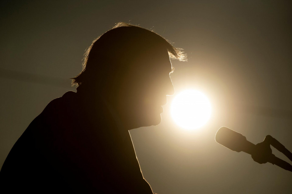 TOPSHOT - US President Donald Trump speaks during a Make America Great Again rally at La Crosse Fairgrounds Speedway on October 27, 2020, in West Salem, Wisconsin. (Photo by Brendan Smialowski/AFP)