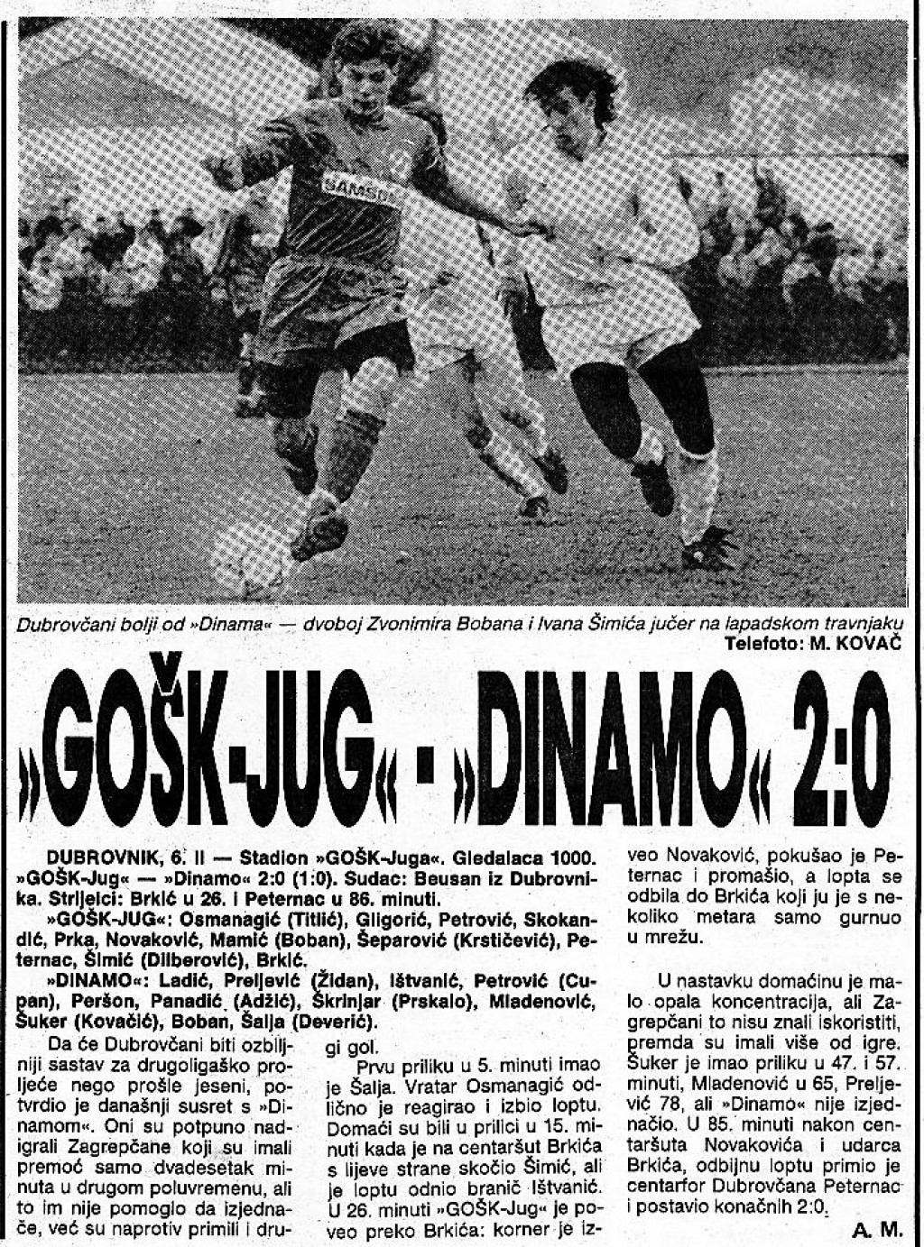 Tako je bilo 1991. godine - GOŠK Jug je na Lapadu, u pripremnim utakmicama za proljetni dio prvenstva, dobio Dinamo na Lapadu s 2:0