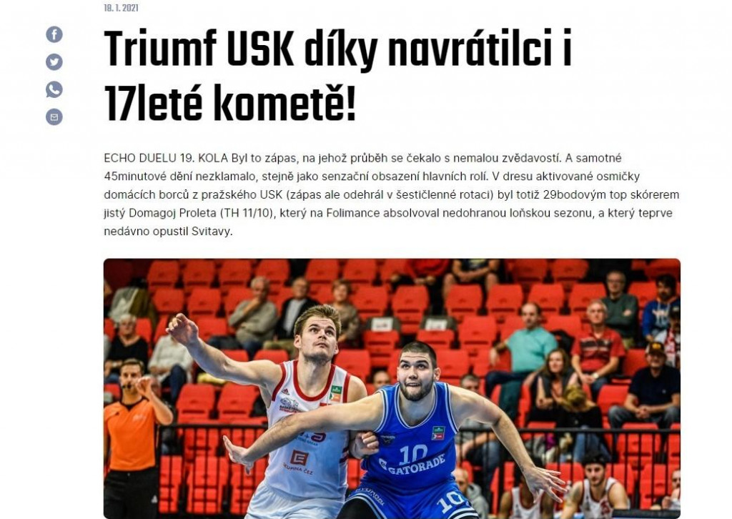 Trijumf USK-a zahvaljujući povratniku i 17-godišnjoj zvijezdi - naslov je na službenoj stranici čeških košarkaških liga