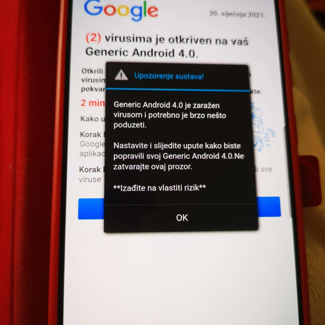 Obavijest koja se pojavila na zaslonu android- mobitela nekih čitatelja