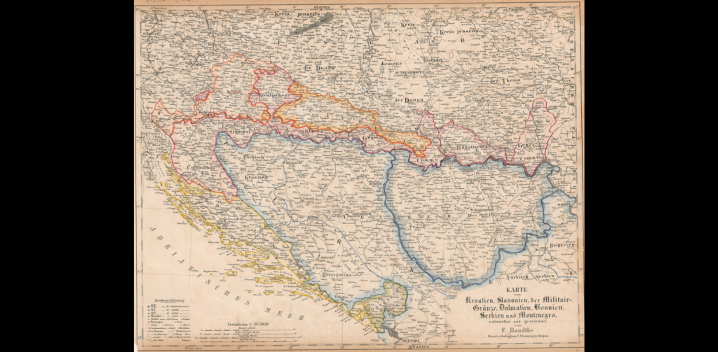 Karte von Kroatien, Slavonien, der Militair-Gränze, Dalmatien, Bosnien, Serbien und Montenegro/entworfen und gezeichnet von F. [Friedrich] Handtke.