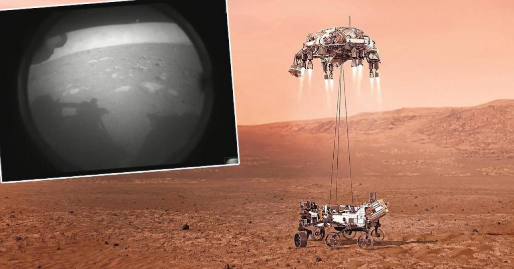 Ilustracija rovera Perseverance; u pravokutniku: prva fotografija koju je Perseverance napravio na površini Marsa