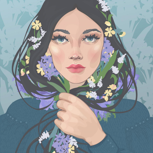 vector of a beautiful dark-haired girl with blooming spring flowers in curls