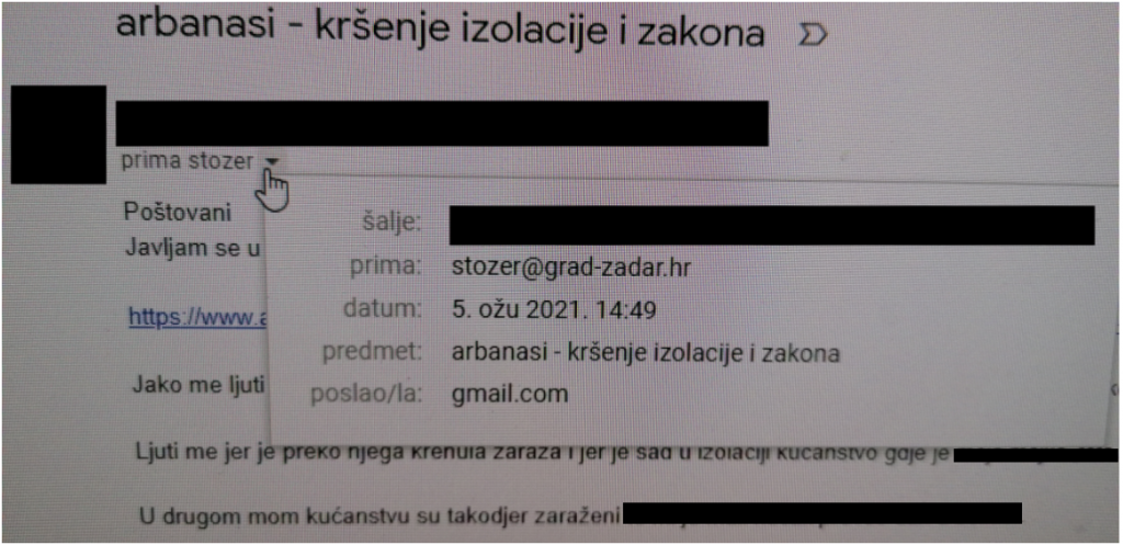 Mail koji je naš čitatelj poslao Stožeru Civilne zaštite Zadarske županije o događanjima u Arbanasima