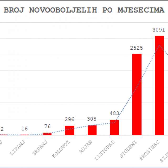 Graf za Zadarsku županiju - broj novooboljelih po mjesecima