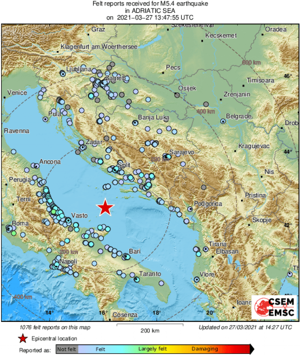 Snažan potres dvaput je zabilježen u Jadranu južno od Visa