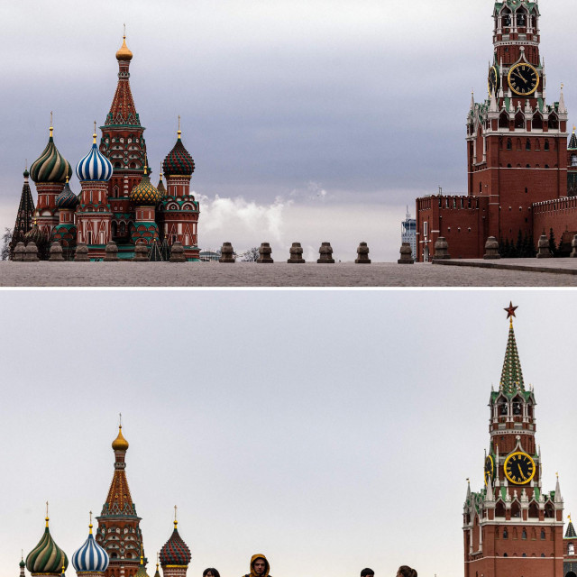 Usporedna fotografija Crvenog trga u Moskvi za prvog lockdowna uožujku 2020. (gore) i danas