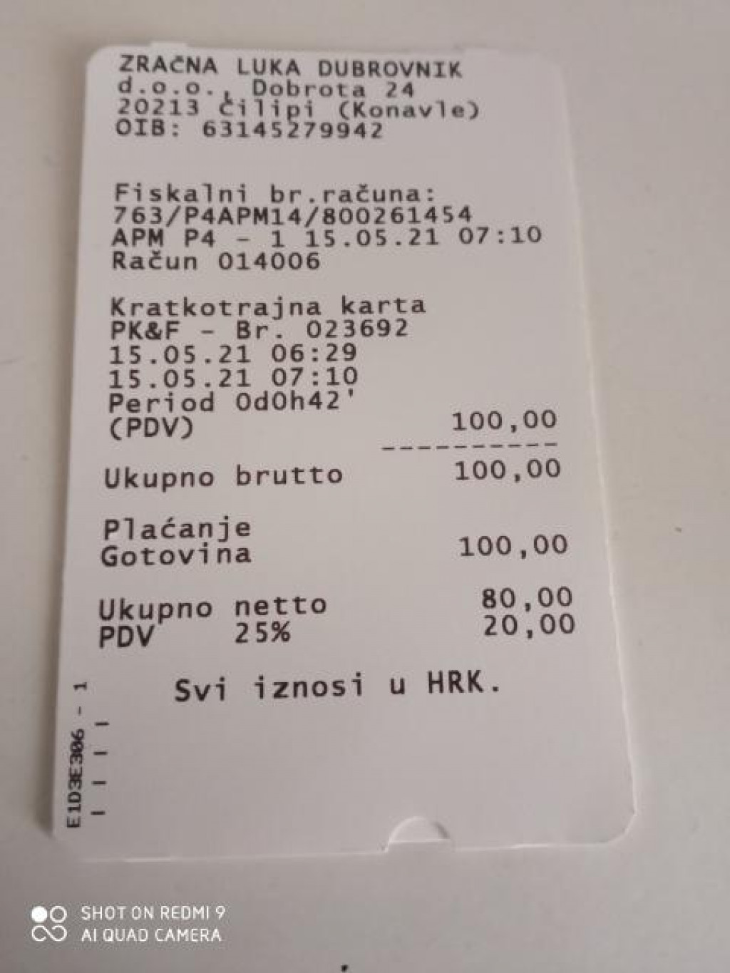 Parking karta na Dubrovačkom aerodromu sat parkiranja stoji 100 kuna