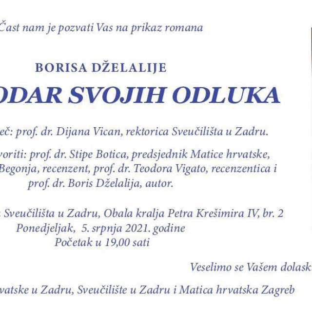 Pozivnica na predstavljanje knjige Borisa Dželalije