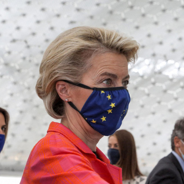 European Commission president Ursula von der Leyen looks on during a presentation event for the Cyprus Recovery and Resilience Plan (RRP) at the University of Cyprus, in Nicosia July 8, 2021. (Photo by Katia CHRISTODOULOU/POOL/AFP)