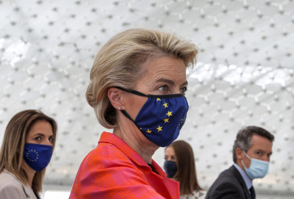 European Commission president Ursula von der Leyen looks on during a presentation event for the Cyprus Recovery and Resilience Plan (RRP) at the University of Cyprus, in Nicosia July 8, 2021. (Photo by Katia CHRISTODOULOU/POOL/AFP)