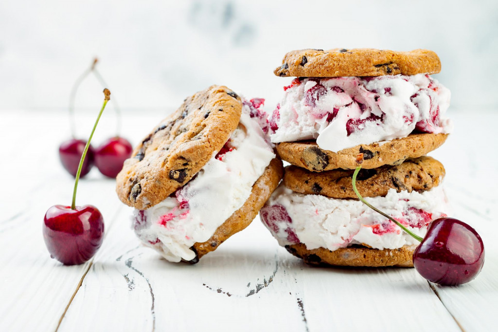 Homemade Black Forest roasted cherry ice cream sandwiches with chocolate chip cookies