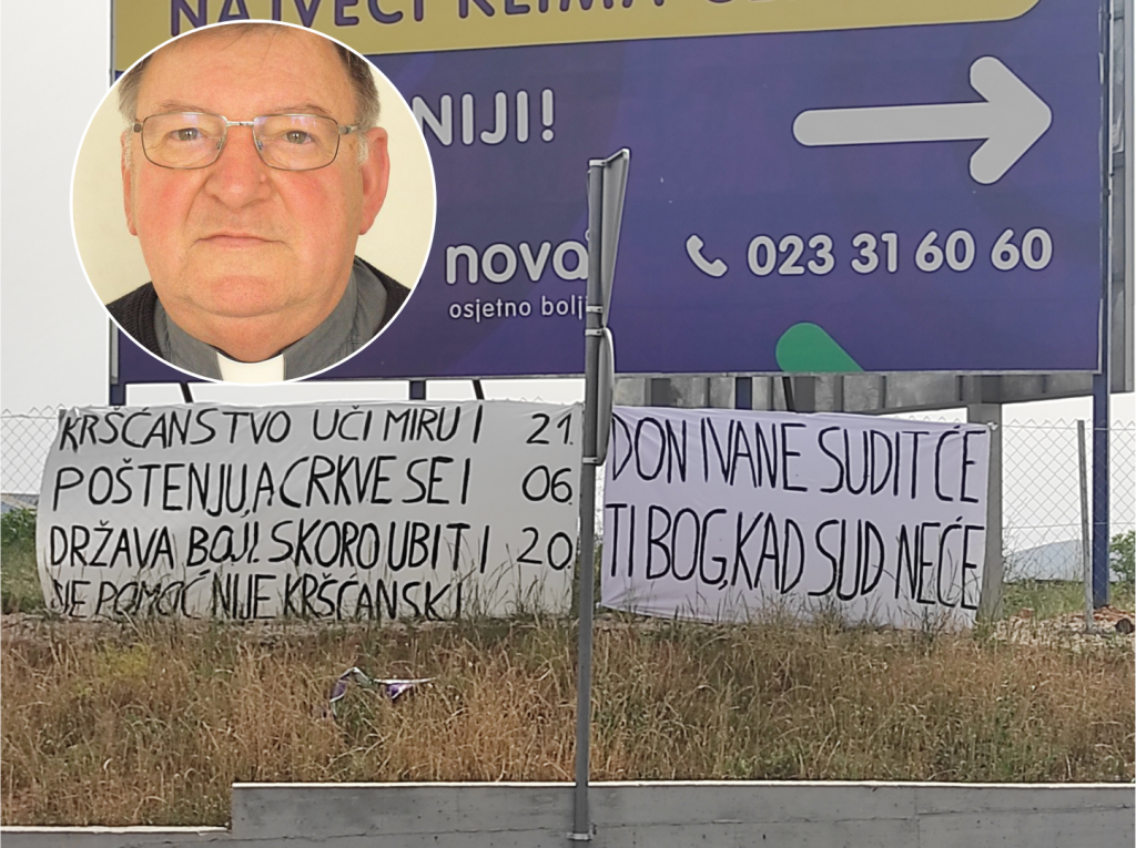 Don Ivo Ćurić, svećenik u župi Sv. Petra i Pavla na Velikom Ižu, transparenti