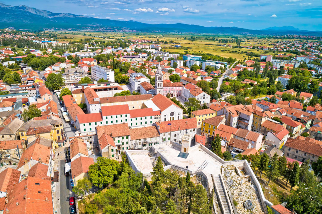Town of Sinj in Dalmatia hinterland aerial view, southern Croatia
