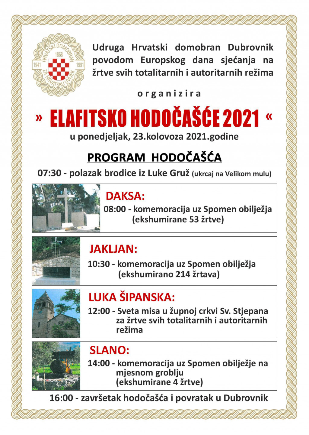 Udruga Hrvatski domobran Dubrovnik organizira Elafitsko hodočašće