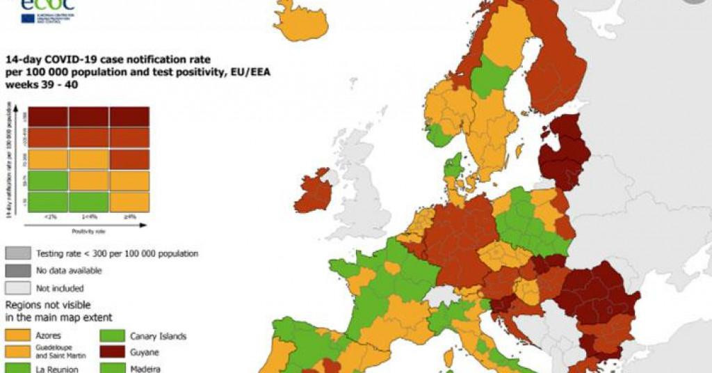 Europski centar za kontrolu i prevenciju bolesti objavio je novu korona kartu