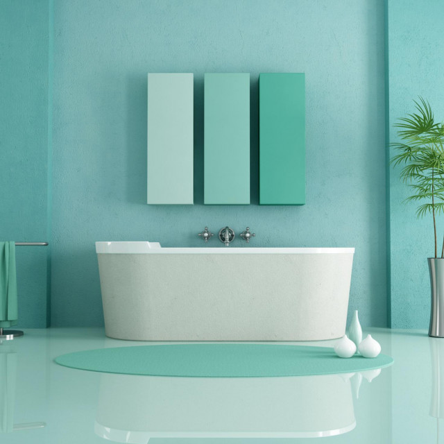 sandstone bathtub in a green modern bathroom - rendering