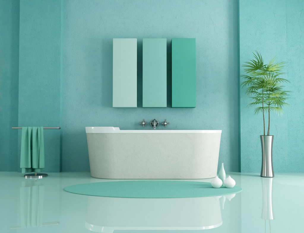 sandstone bathtub in a green modern bathroom - rendering