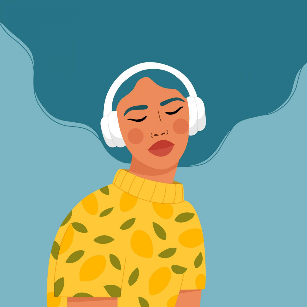 Young woman with headphones listening to music. Concept of relaxation, good mood, rest. Flat vector illustration.