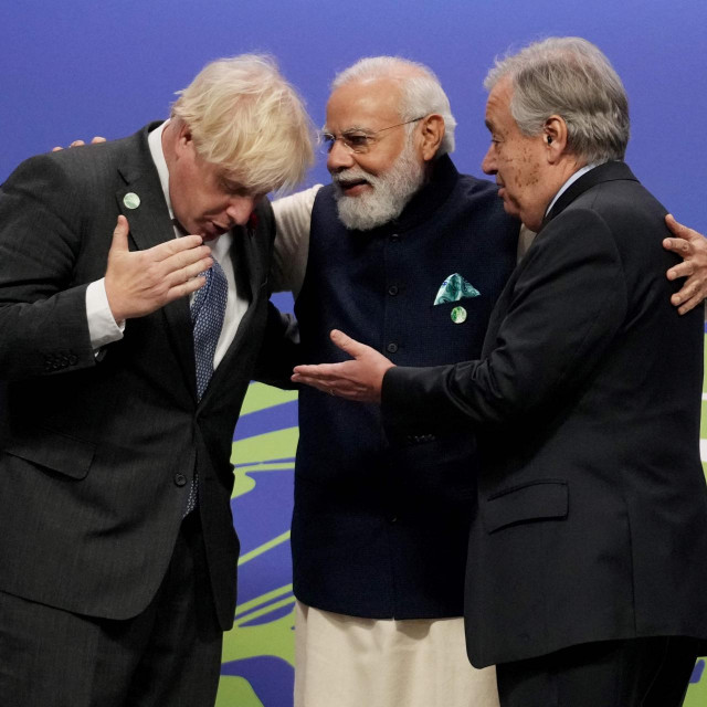 Glavni tajnilk UN-a Antonio Guterres s britanskim premijerom Borisom Johnsonom i indijskim premijerom Narendrom Modi