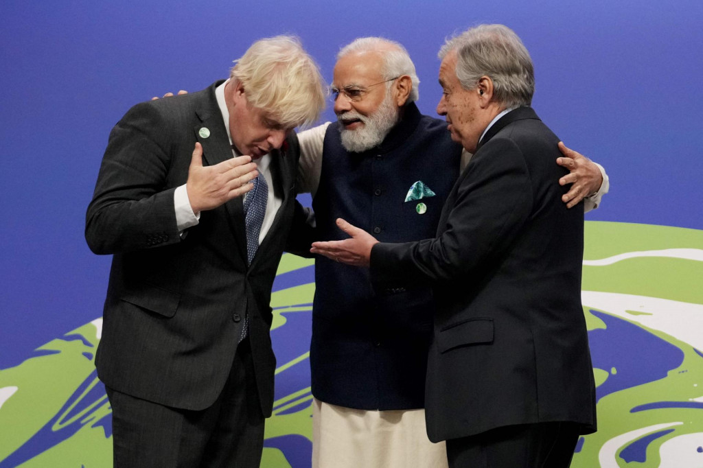 Glavni tajnilk UN-a Antonio Guterres s britanskim premijerom Borisom Johnsonom i indijskim premijerom Narendrom Modi