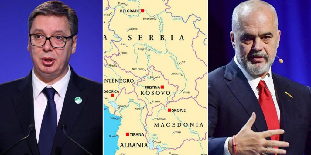 Aleksandar Vučić, karta Srbije, Kosova, Sj. Makedonije i Albanije i Edi Rama&lt;br /&gt;
&lt;br /&gt;
 