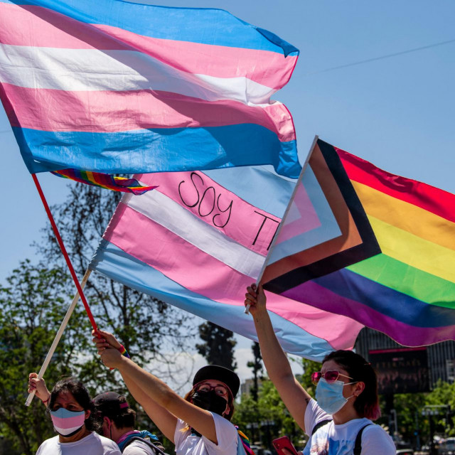 Revelers flutter LGBT and transgerder flags during the Pride Parade in Santiago, on November 13, 2021. (Photo by Martin BERNETTI/AFP)