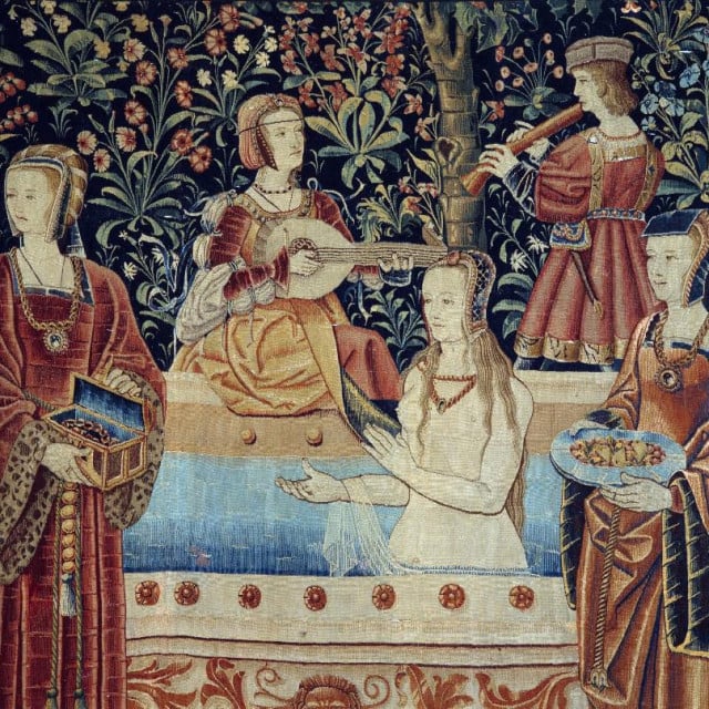 Zavjesa Gospodnjeg života: kupelj. Detalj. Tapiserija od vune i svile izrađena oko 1520. u Nizozemskoj