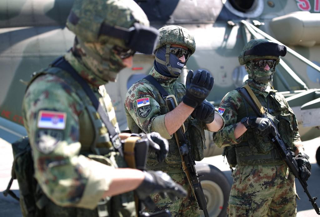 6575899 18.06.2021 Members of the Serbian special forces take part in the 2021 Slavic Brotherhood trilateral military exercise involving Russian, Belarusian and Serbian armed forces at the Raevsky training ground near Novorossiysk, Russia. Vitaly Timkiv/Sputnik (Photo by Vitaly Timkiv/Sputnik/Sputnik via AFP)